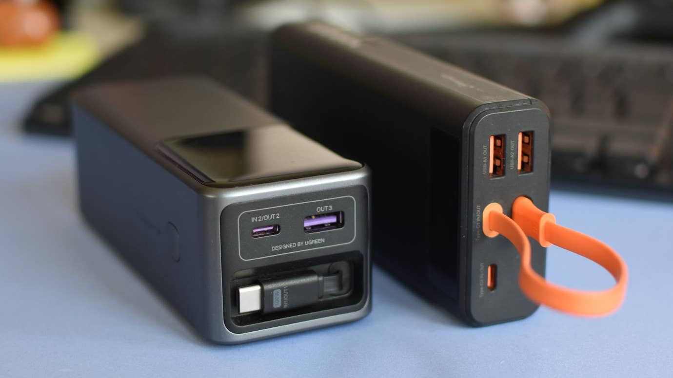 A close up of the ports on two Steam Deck power banks.